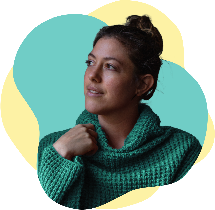 Megan smiling calmly looking into distance